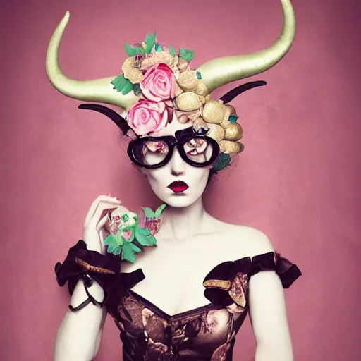 Prompt: of a woman, surreal Portrait inspired by Natalie Shau, flowers with horns, jewellery,round glasses,cinematic