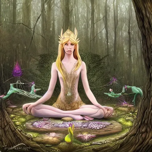 Image similar to elven princess meditating in forest, surrounded by fairies, surreal, surrealist art, digital art, trending on artstation, ultra detailed, intricate, sacred geometry, serene, beautiful, photo, realistic, perfect, smooth, moebius, by moebius