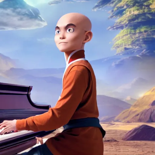 Image similar to Aang from Avatar the last airbender playing the piano, UHD, hyperrealistic render, 4k, highly detailed