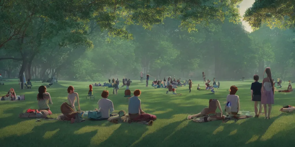 Image similar to a film still of a open air kino in central park new york, wide shot, waist up, wes anderson, studio ghibli, pixar and disney animation, sharp, rendered in unreal engine 5, anime key art by greg rutkowski, bloom, dramatic lighting