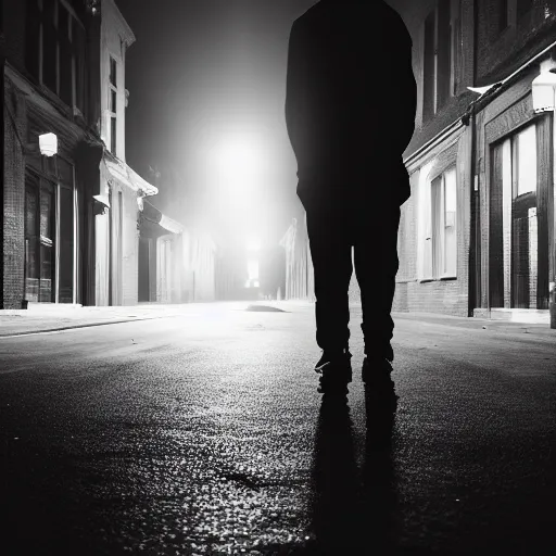 Image similar to an abstract photograph of a lonely male shadowy figure, he is dancing, there is a dark street with lanterns reflected on the ground, everything is underwater, long exposure, 35mm, black-and-white