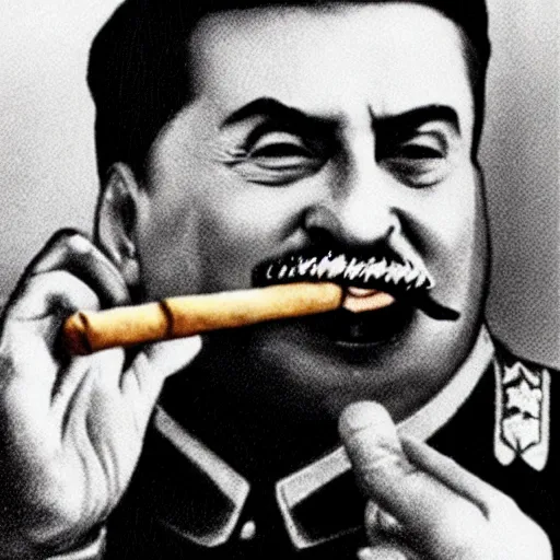 Prompt: stalin eats burger with ketchup while smoking cigar