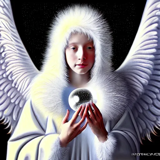 Prompt: beautiful high details hyper realistic painting of white angel in the hood coming from space with giant ball of miracle light from the chest!!!!!, 4 k hd face!!!, big fur silver holographic wings, by jan van eyck, holography space, white sparkles everywhere, thin strokes, high textures, silver background