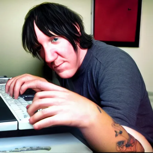 Image similar to elliott smith using a computer, ultra realistic, 8 k, photorealistic