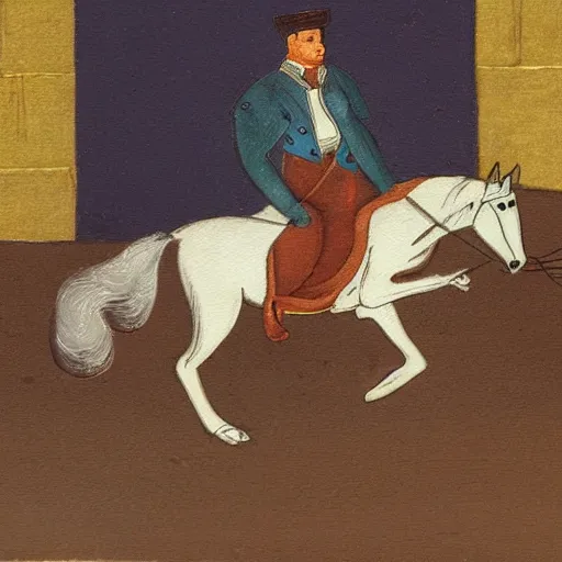 Image similar to a man riding a cat, gauche detailed painting, stylized