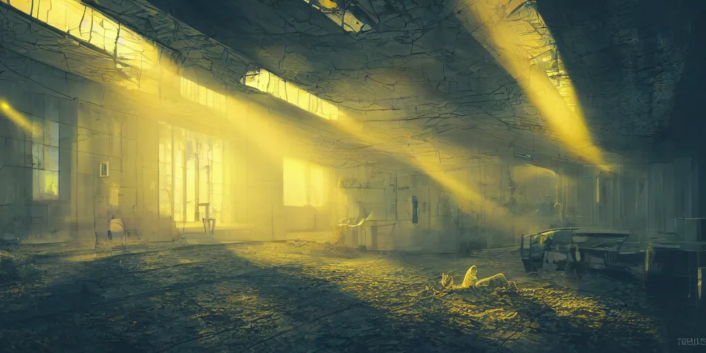 Prompt: A yellow baby rabbit is painting, cyberpunk temple, sunset with falling leaves, Tyndall rays, low angle, light through the mist, dramatic lighting, photorealistic, cinematic lighting, high detail, cinematic feel, high octane, 4K, Unreal Engine, digital render, intricate, ultra realistic, concept art