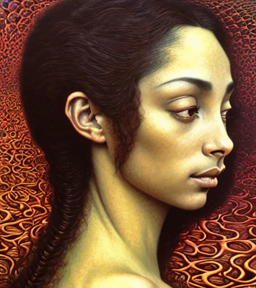 Image similar to detailed realistic beautiful young sade adu face portrait by jean delville, gustave dore and marco mazzoni, art nouveau, symbolist, visionary, baroque, intricate fractal. horizontal symmetry by zdzisław beksinski, iris van herpen, raymond swanland and alphonse mucha. highly detailed, hyper - real, beautiful