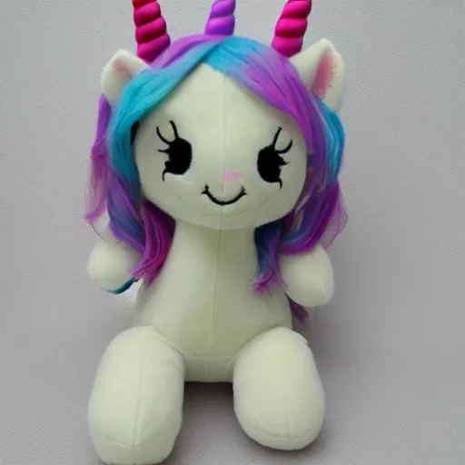 Image similar to a happy unicorn, plush doll, 8 k