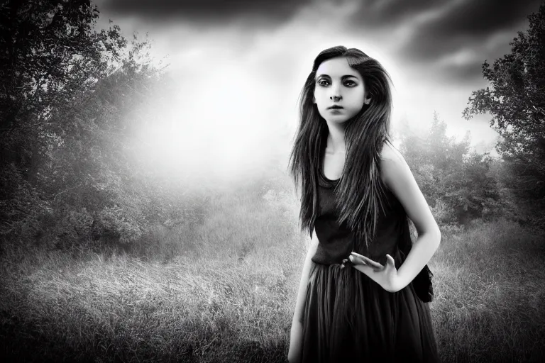 Image similar to girl, fantasy, black and white, ultra realistic!!!, hdr, clear weather, golden hour, sharp focus