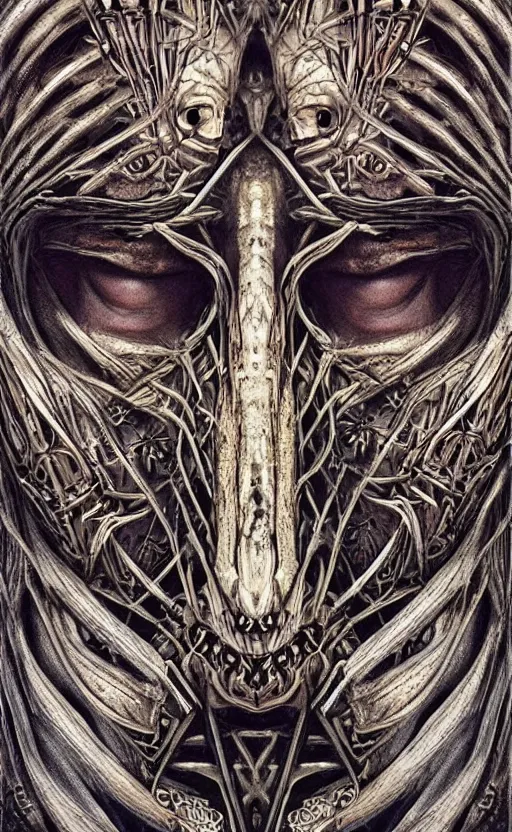 Image similar to Elden Ring themed painting of hybrid majestic aztec warrior fantasy biomechanical human beautiful immortal angel symmetrical face angry mask closeup face breathing mask tattoo pattern golden ratio concept, deep forest psytrance Neo-Gothic concept, infinity glyph waves, intricate artwork masterpiece, very coherent artwork, cinematic, full frontal facial features by Artgerm, Takato Yamamoto, Zdizslaw Beksinski, Johnatan Wayshak, Moebius, Ayami Kojima, very coherent artwork, trending on cgsociety, ultra high quality model, production quality cinema model, high detail chromatic ink outline, octane render, unreal engine 8k, hyper realism, high detail, octane render, unreal engine, 8k, High contrast