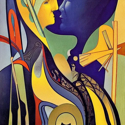 Prompt: imagine art nouveau : : 1 0 0 metaphysical art : : 5 futurism : : 1 5 vorticism : : 2 5 surrealism : : 1 5 indigenism : : 1 5 early morning in the eifel mountains werner peiner 1 9 3 8 : : 5 muralism : : 5 neo - figurative art : : 1 0 maximalism : : 1 0