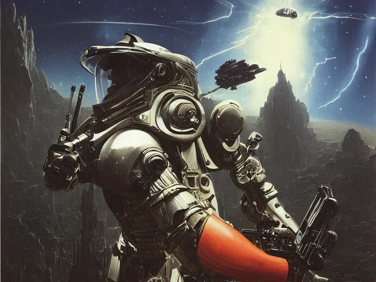 Image similar to a detailed profile painting of a bounty hunter in armour and visor, cinematic sci-fi poster. Spaceship high in the background. Flight suit, anatomy portrait symmetrical and science fiction theme with lightning, aurora lighting clouds and stars. Clean and minimal design by beksinski carl spitzweg and tuomas korpi. baroque elements. baroque element. intricate artwork by caravaggio. Oil painting. Trending on artstation. 8k