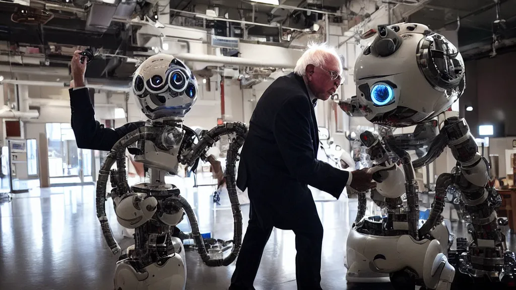 Prompt: bernie sanders putting the finishing touches on a ( ( ( ( cute ) ) ) ) clockwork doomsday robot, cinematic moody lighting, sharp focus, imax