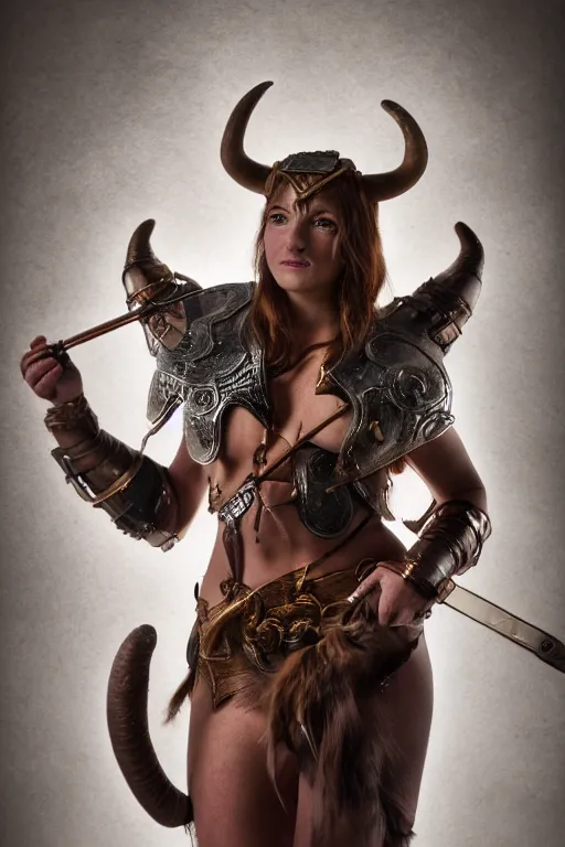 Image similar to a female DND minotaur, high resolution film still, 8k, HDR colors, cosplay, studio lighting