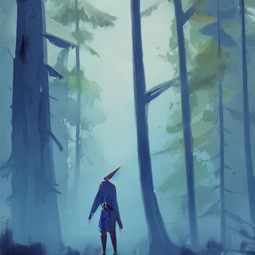 Image similar to medium shot painting of a blue - skinned wizard in a forest, by ismail inceoglu