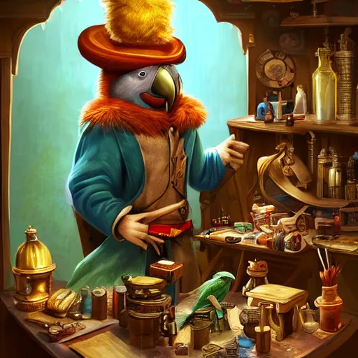 Image similar to Anthropomorphized parrot trader in his shop, presenting his wares, portrait, items, magic potions, carpet, window, fancy hat, sly expression , cunning expression, cute expression, presenting wares, D&D, fantasy, cinematic lighting, highly detailed, digital painting, artstation, concept art, smooth, sharp focus, illustration, warm light, cozy warm tint, magic the gathering artwork, volumetric lighting, 8k, art by Akihiko Yoshida, Greg Rutkowski