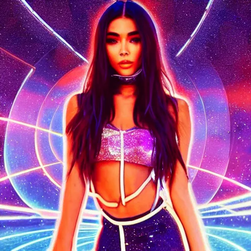 Image similar to madison beer a an intergalactic popstar dancing on a planet, render, blender render, unity render, 4 k wallpaper, art station trending, artstation 4 k coherent, coherent, 4 k, detailed, hyperdetailed, artifact - free, completely coherent, sharp, madison beer