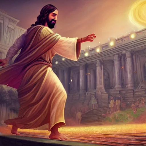 Prompt: a detailed picture of jesus chasing away the merchants in the temple, thrown tables, scattered gold coins, fleeing merchants, fantasy, intricate, elegant, highly detailed, digital painting, artstation, matte, sharp focus, illustration, in the style of vaporwave, retro futurist, 4 k