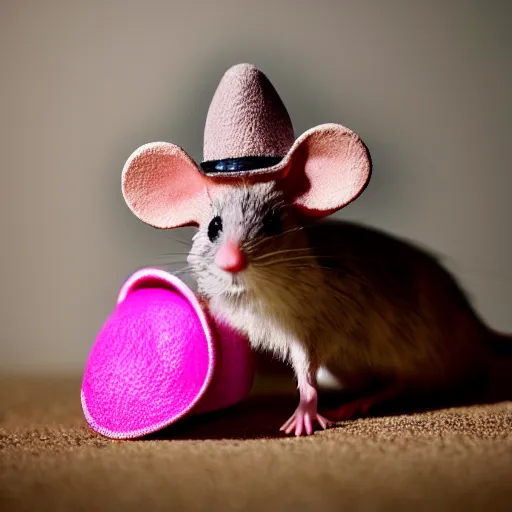 Prompt: mouse with pink cowboy hat in the bathroom, photo realistic, f 1. 4, 1 0 0 mm lens, nat geo award winner, eos, sharp focus, bokeh