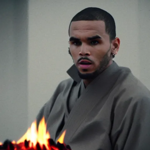 Image similar to cinematic film still of Chris Brown starring as a Japanese Sensei with fire, Japanese CGI, VFX, 2003, 40mm lens, shallow depth of field, film photography