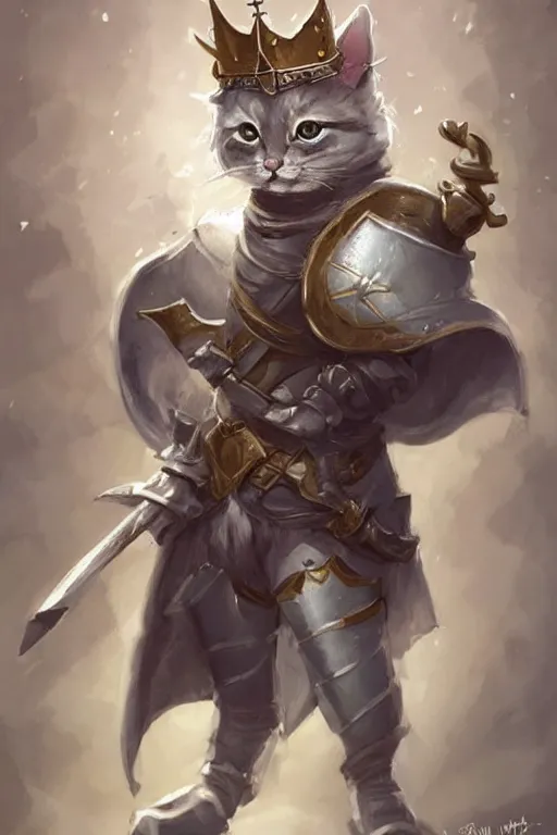 Image similar to cute little anthropomorphic cat knight wearing a cape and a crown, tiny, small, miniature cat , baby animal, short, pale blue armor, cute and adorable, pretty, beautiful, DnD character art portrait, matte fantasy painting, DeviantArt Artstation, by Jason Felix by Steve Argyle by Tyler Jacobson by Peter Mohrbacher, cinematic lighting