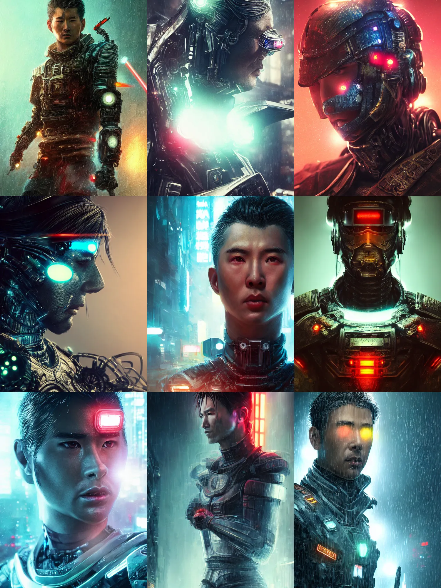 Prompt: portrait art of 8k ultra realistic retro futuristic samurai, lens flare, atmosphere, glow, detailed,intricate,blade runner, cybernetic, full of colour, cinematic lighting, trending on artstation, 4k, hyperrealistic, focused, extreme details,unreal engine 5, cinematic, masterpiece, art by ayami kojima, giger