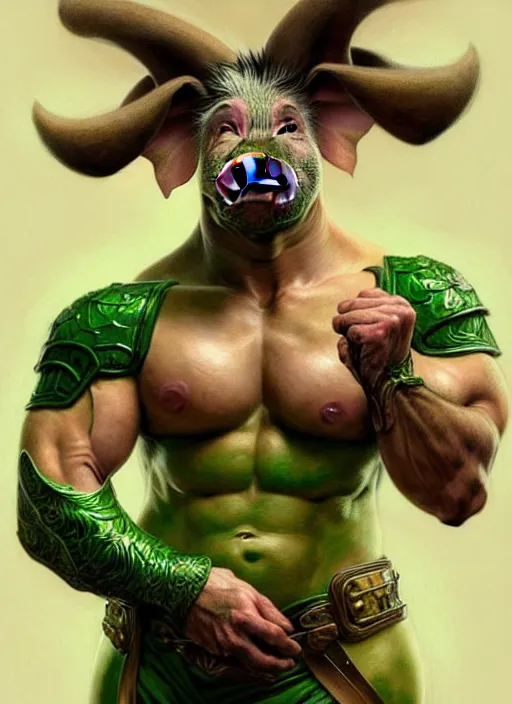 Prompt: portrait of aggressive pig humanoid, d & d, muscular! green, fantasy, intricate, elegant, highly detailed, digital painting, artstation, concept art, smooth, sharp focus, illustration, art by artgerm and greg rutkowski and alphonse mucha