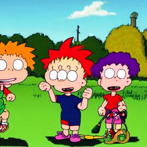 Image similar to rugrats but tommy is a lawnmower