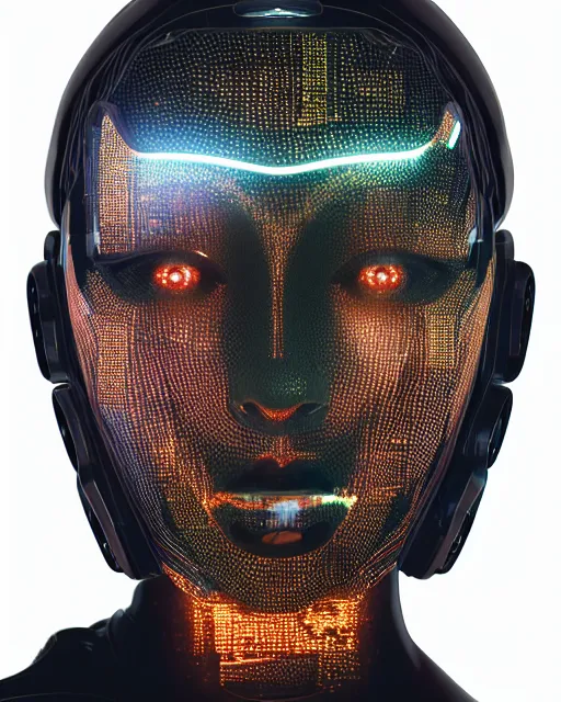 Image similar to photo of sweaty soulful female as a cyberpunk mecha humanoid robotic head and face parts with straight bright led lights, small light emitting cables, sweaty skin dripping down face, ultra - realistic and detailed, long exposure 8 k