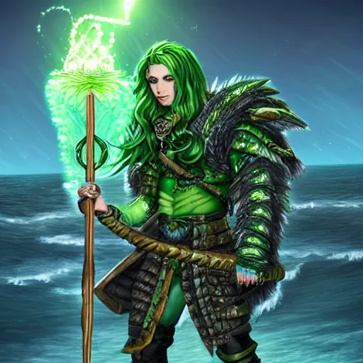 Prompt: a d&d triton with green hair, wielding a staff with a glowing crystal, wearing studded leather armor, male, dungeons and dragons character, standing beside the ocean, digital art