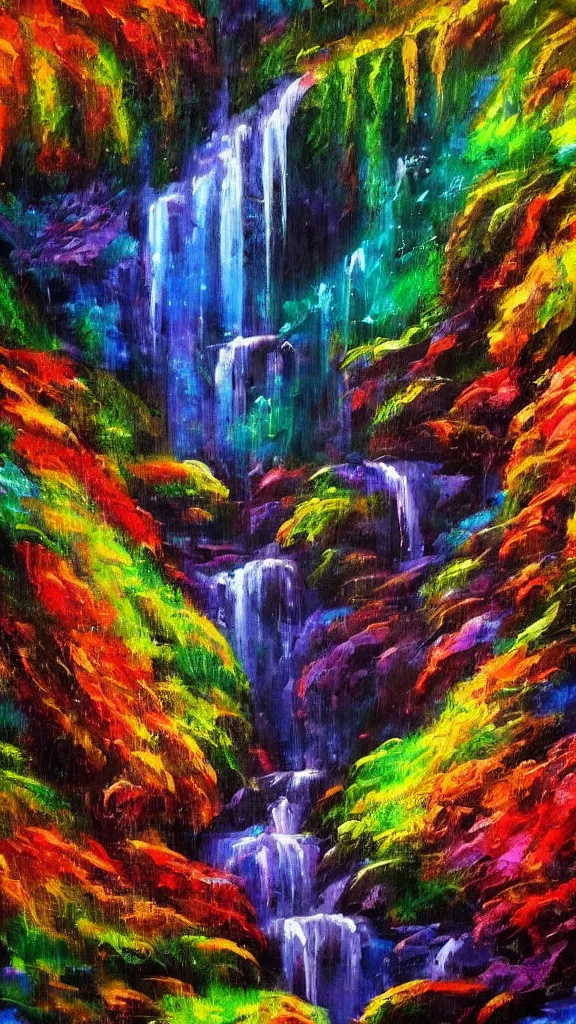 Prompt: high quality psychedelic waterfall background, painted with oil paints, hypperrealism, hd 4 k artstation