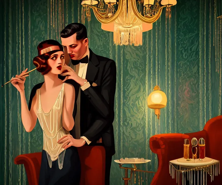 Prompt: a beautiful classy partying couple, dimly lit upscale 1920s speakeasy, relaxed pose, art deco, detailed painterly digital art style by Jeremiah Ketner, retro vibe, 🍸, 8k octane beautifully detailed render, post-processing, extremely hyperdetailed, intricate, epic composition, grim yet sparkling atmosphere, cinematic lighting + masterpiece, trending on artstation, very detailed, vibrant colors, Art Nouveau, masterpiece, romanticism