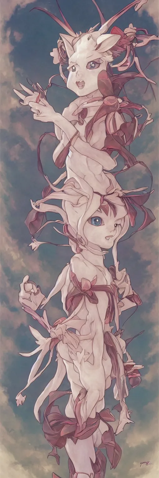 Image similar to Sylveon pokemon Gajinka as a small human girl , highly detailed, digital pencil painting, anime, cartoonish, hybrid human / anthro, monster girl, sharp focus, illustration, art by artgerm and greg rutkowski and alphonse mucha