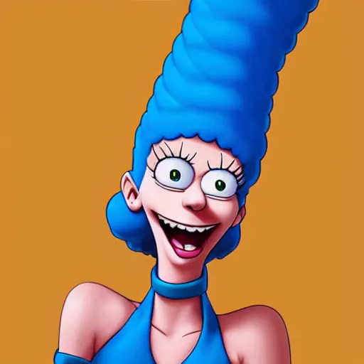 Image similar to very beautiful marge simpson, smiling, flirty, eye contact, perfect face, perfect body, drawn by artgerm