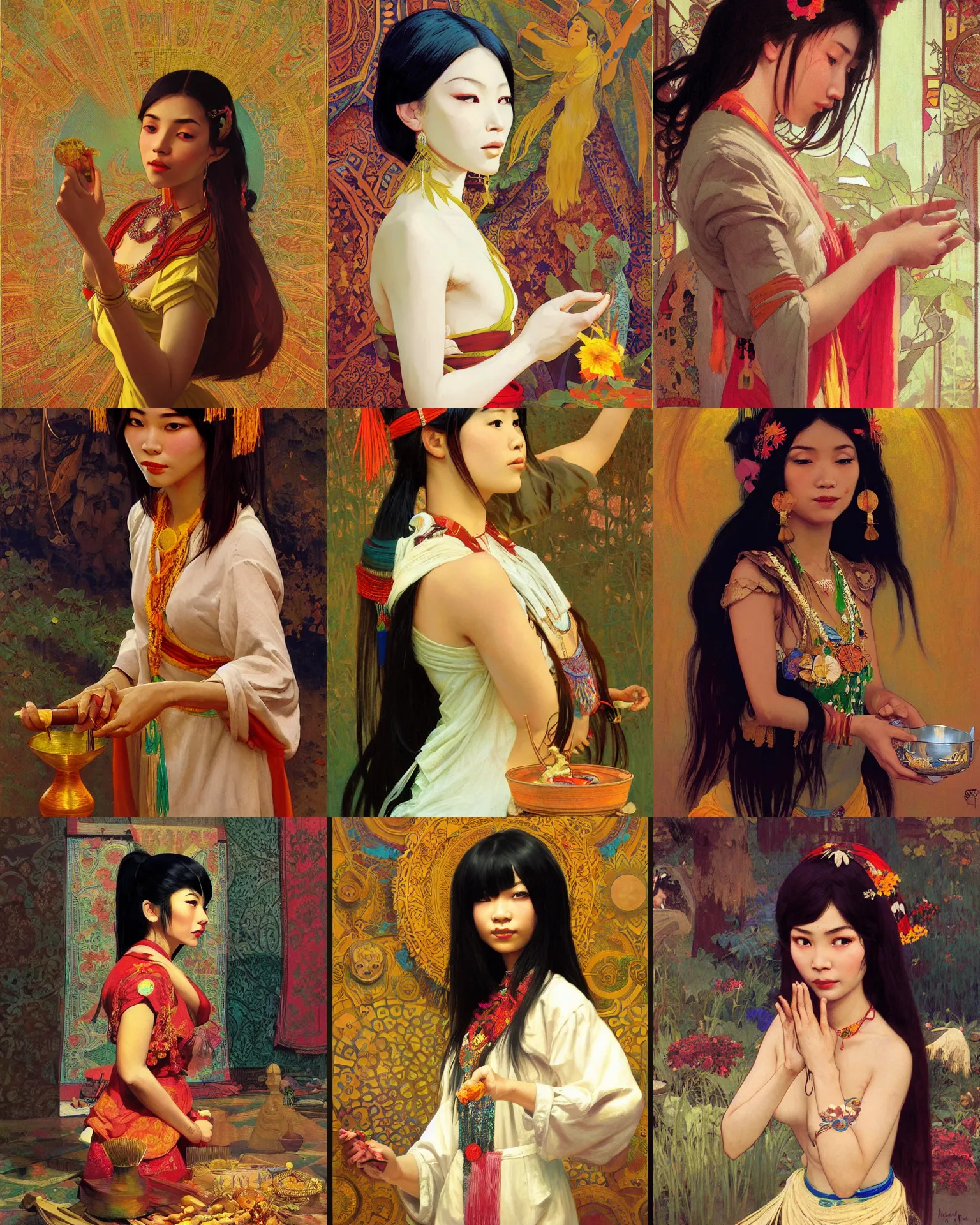 Prompt: pulp art, gorgeous maid, long hair vietnamese girl at shaman ritual, iranian, wooden jewerly, elegant, vibrant, smooth, by ilya kuvshinov, craig mullins, edgar maxence, alphonse mucha, artgerm, sakimichan