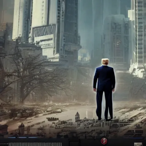 Prompt: donald trump as a giant mech walking through a dystopian city. very long red necktie. ultra realistic. high definition. wide shot. full body.