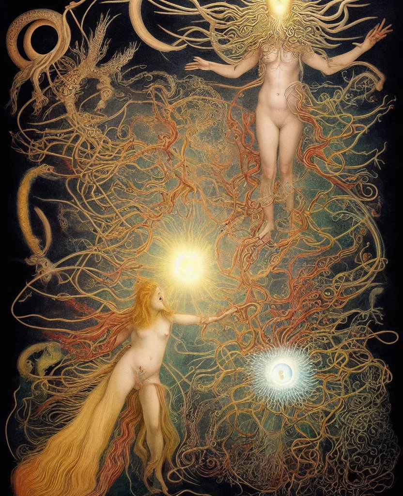 Prompt: at bifrost, a whimsical wild child creature radiates a unique canto'as above so below'while being ignited by the spirit of haeckel and robert fludd, breakthrough is iminent, glory be to the magic within, in honor of venus, painted by ronny khalil