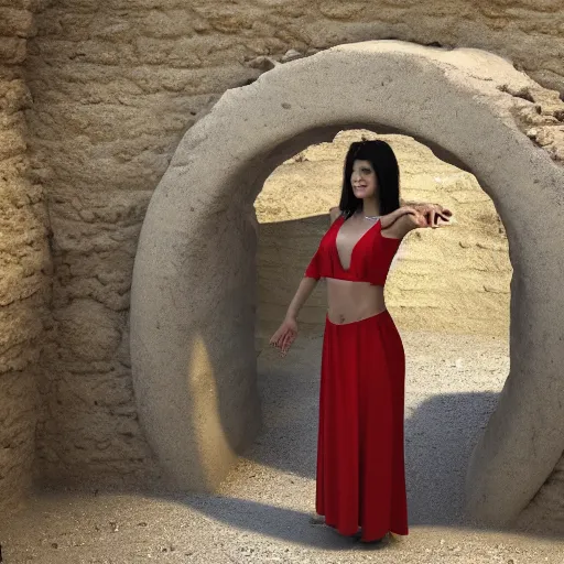 Image similar to 25 year old Mediterranean skinned woman in ancient Canaanite clothing next to an ancient well, 8k resolution, hyper detailed