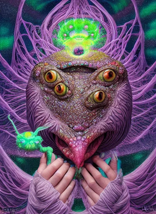 Image similar to hyper detailed 3d render like a Oil painting - kawaii portrait Aurora (a skeksis from dark crystal that looks like Larry David) seen Eating of the Strangling network of yellowcake aerochrome and milky Fruit and His delicate Hands hold of gossamer polyp blossoms bring iridescent fungal flowers whose spores black the foolish stars by Jacek Yerka, Ilya Kuvshinov, Mariusz Lewandowski, Houdini algorithmic generative render, Abstract brush strokes, Masterpiece, Edward Hopper and James Gilleard, Zdzislaw Beksinski, Mark Ryden, Wolfgang Lettl, hints of Yayoi Kasuma, octane render, 8k