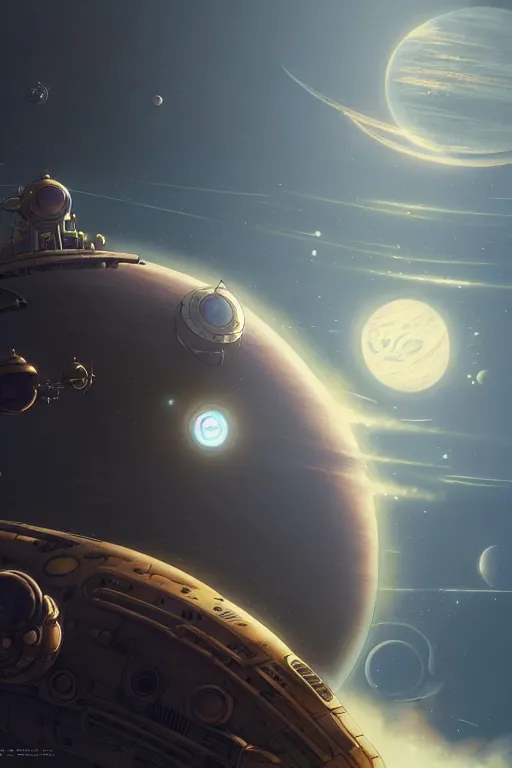 Image similar to steampunk spaceship infront of a planet, exquisite details, denoised, mid view, by karl kopinski, artsation, greg rutkowski, makoto shinkai, takashi takeuchi, studio ghibli