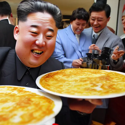 Image similar to happy kim jon - un eating spanish potato omelette