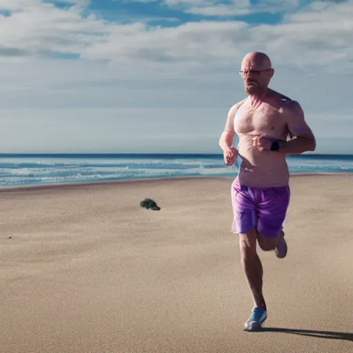 Image similar to Walter White running on the beach, artistic, 8k, cinematic, accurate, symetric, face, dramatic lighting, pastel colours