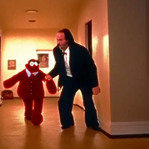 Image similar to shining but with muppets, movie still, cinematography, cinematic lighting