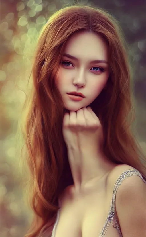 Image similar to a gorgeous russian female photo, bokeh, beautiful face, professionally retouched, soft lighting, realistic, smooth face, full body shot, torso, dress, perfect eyes, sharp focus on eyes, 8 k, high definition, insanely detailed, intricate, elegant, art by artgerm and kyoung hwan kim