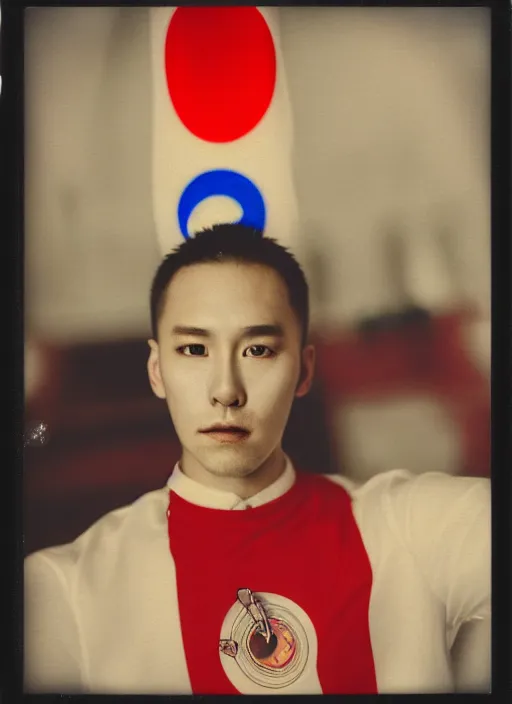 Image similar to polaroid by mucha, selfie, influencer, diaphanous, fashion, octoberfest, render, octane, detailed, award winning photography, masterpiece, of nicol cage playing poker. he is wrapped in the korean flag, dark backround, highly detailed, smooth, sharp focus, intricate,