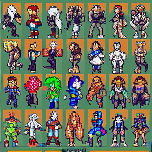 Image similar to pixel art of street fighter alpha 3 character select featuring a bunch of characters from tsutomu nihei