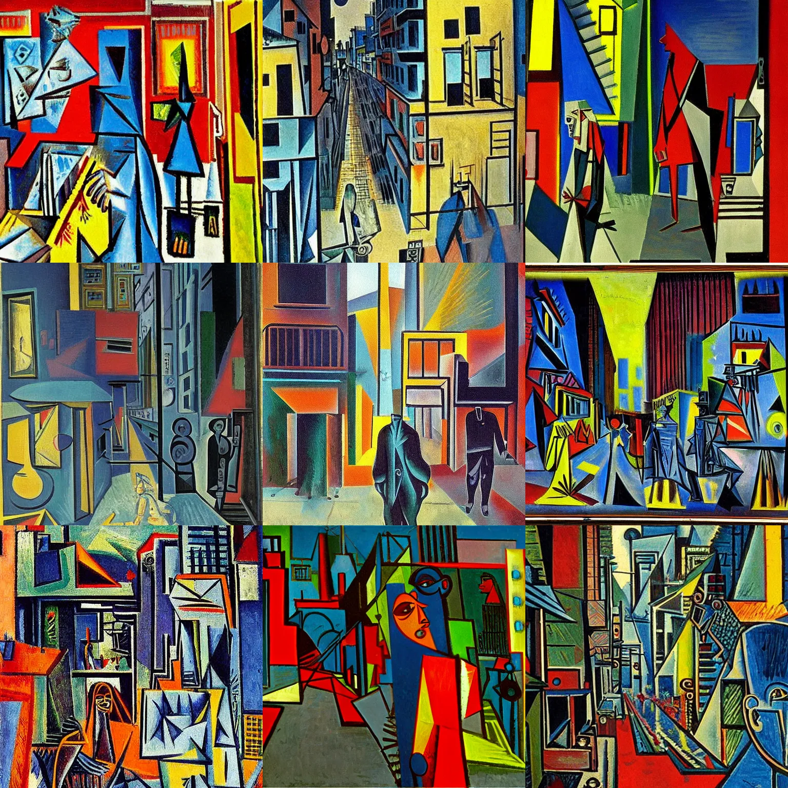 Prompt: A cyberpunk street scene painted by Pablo Picasso