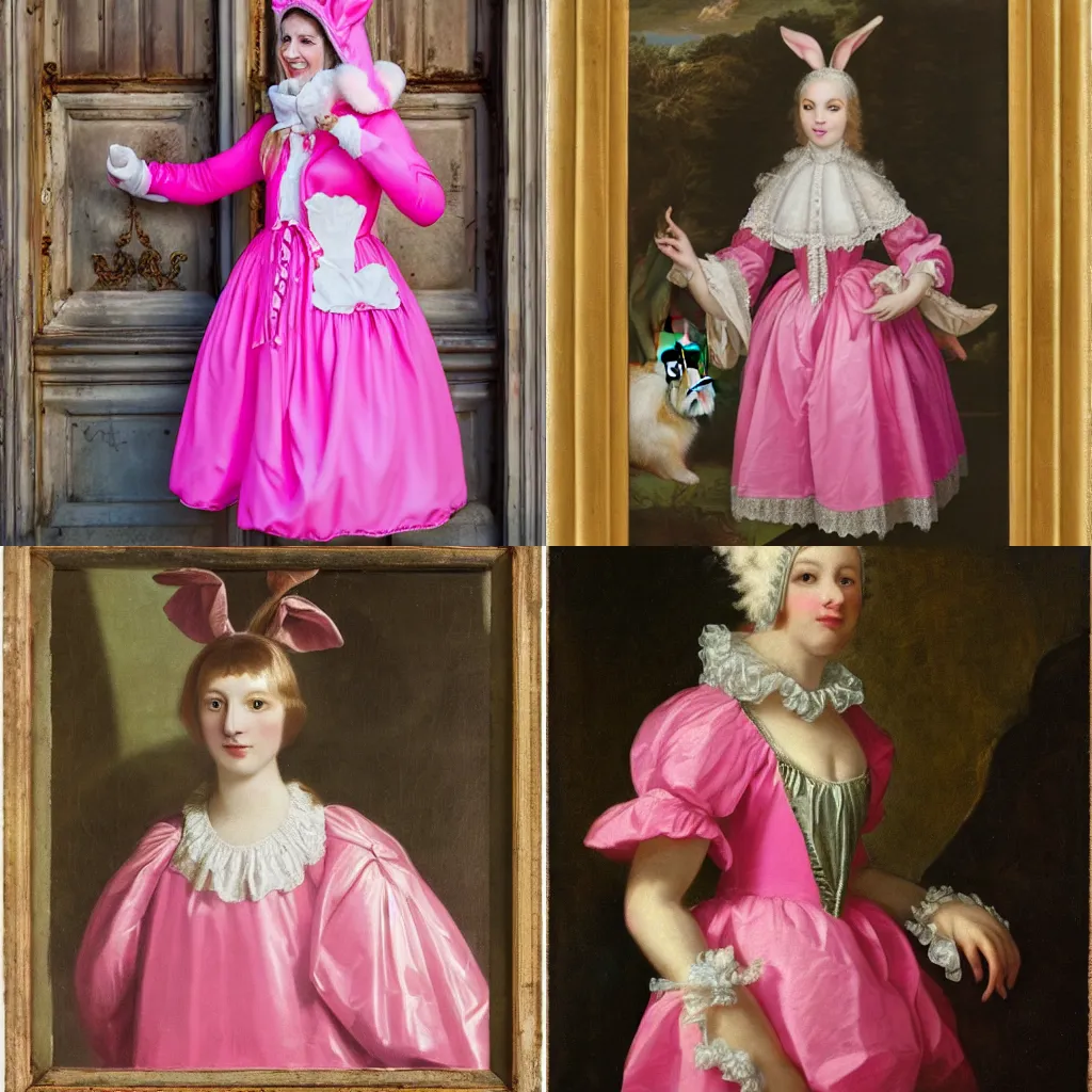 Prompt: young woman wearing a pink rococo dress with a bunny hood