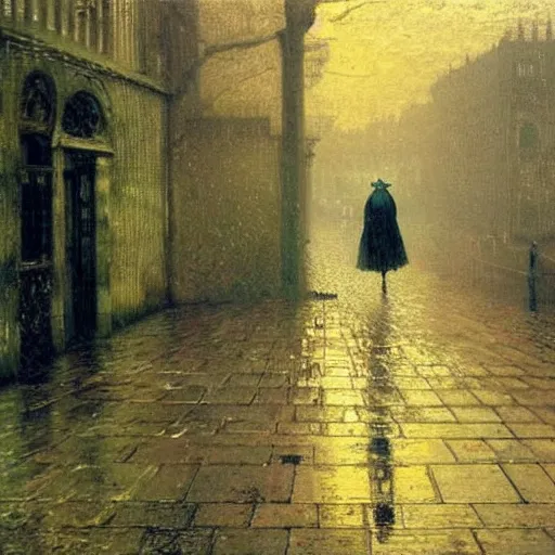 Prompt: oil painting of a Victorian woman in the rain walking away, dreamy and detailed, by John Atkinson Grimshaw