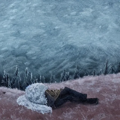 Prompt: a wide shot of a sad sniper laying on a mountain, digital art, acrylic, frost, cold, ice, scared, wind, storm, hiding, gloomy, tired,